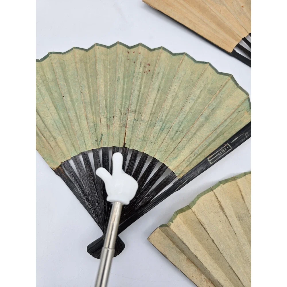 3 Lot Matching VTG Chinese Folding‎ Hand Fans Handmade Painted Rice/Bamboo Paper - Picture 6 of 16